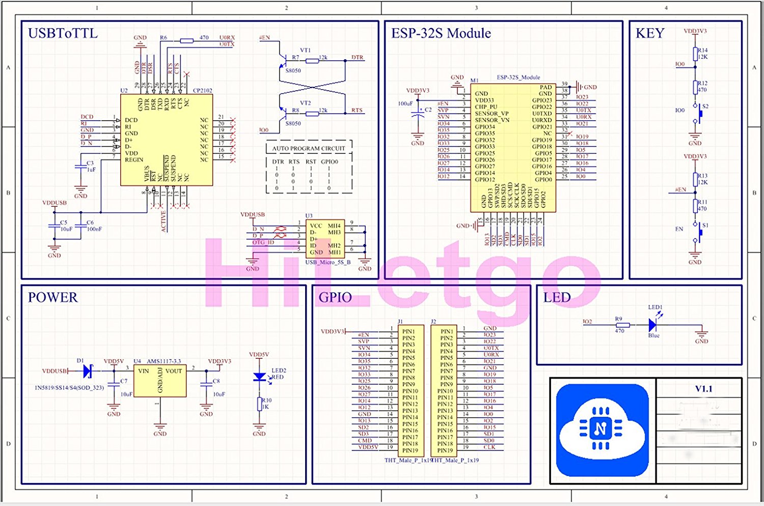 ESP32 Schaltplan Schematic mit USB-Seriell Adapter und Spannungsregler